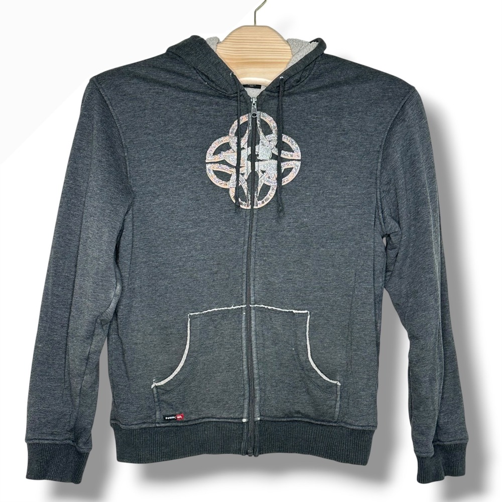 Hawk Mens XXL Gray Full Zip Hoodie Long Sleeve Sweatshirt Fleece Line Grunge Y2K